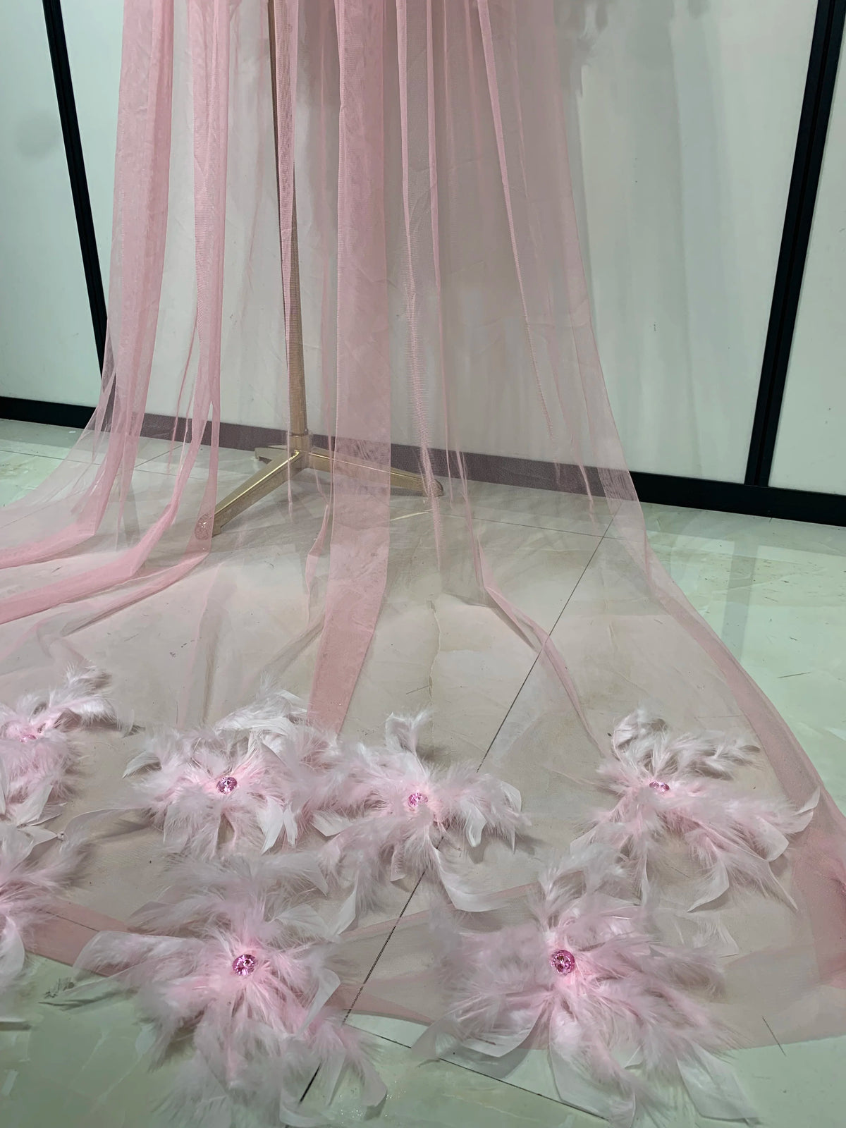 Pink Feather Mesh Maxi Dress