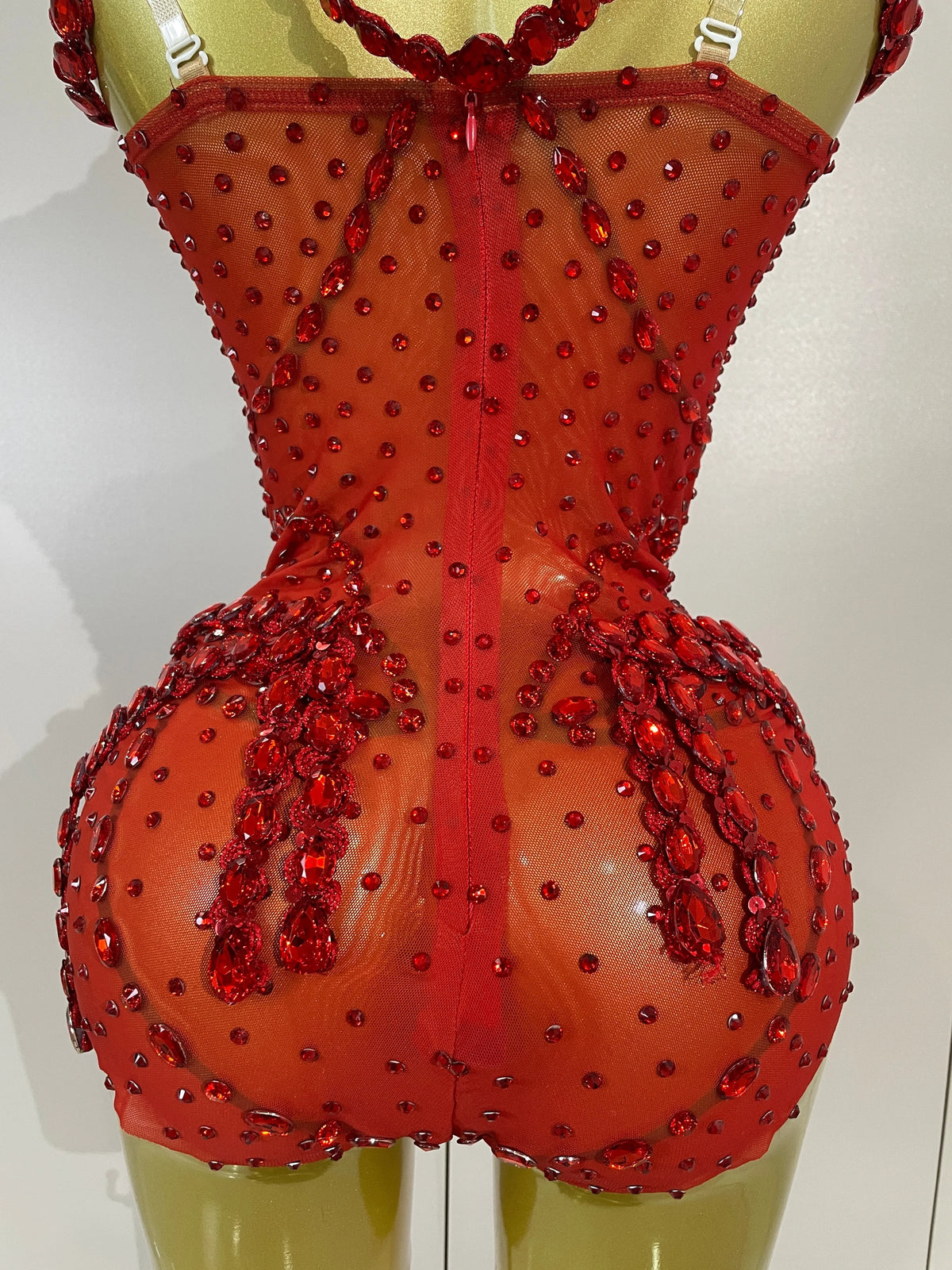 Red Rhinestone Mesh Bodysuit