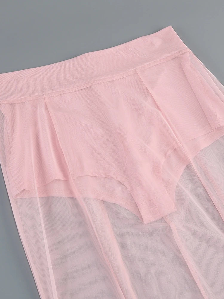 Pink Satin Blazer Mesh Skirt Set