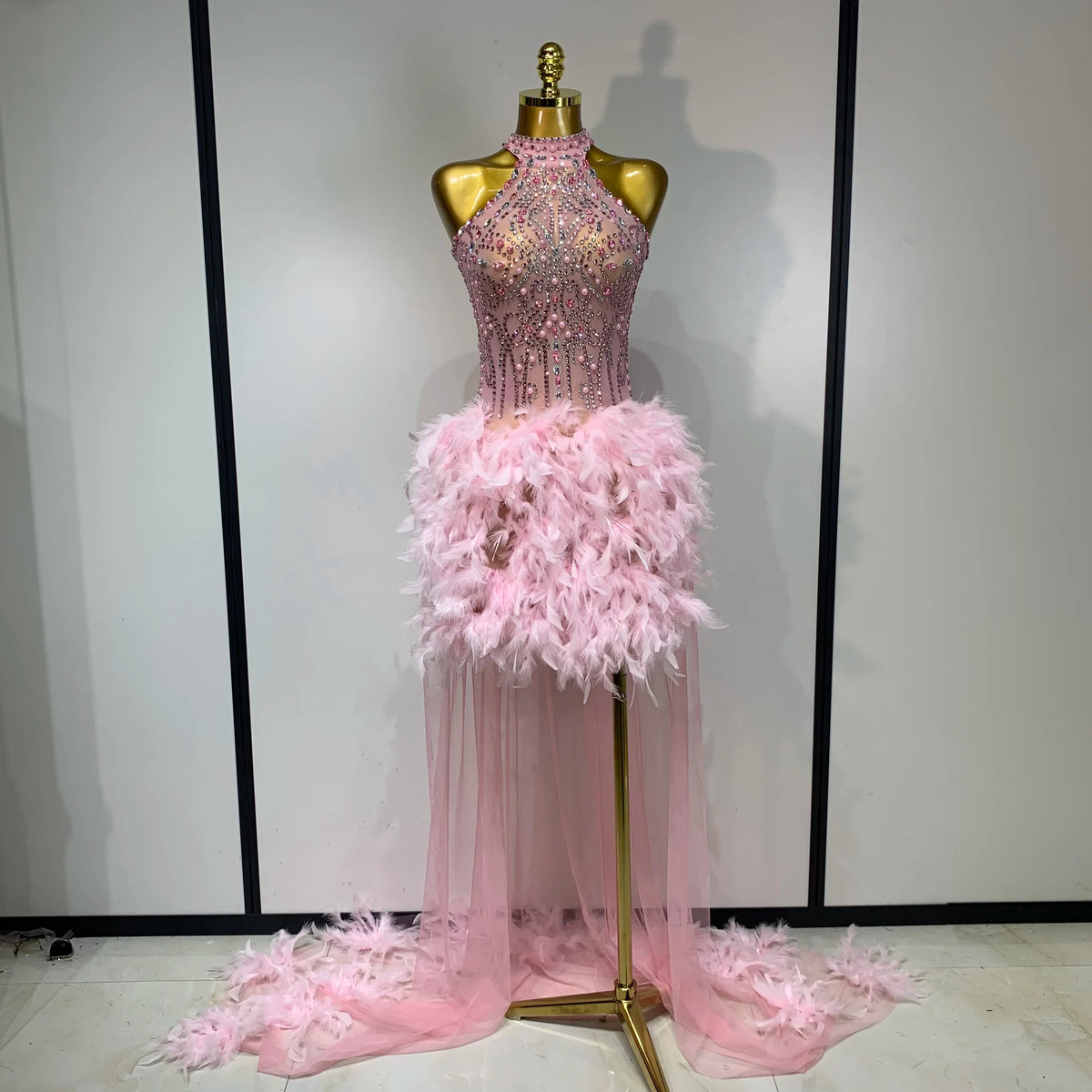 Pink Feather Mesh Maxi Dress