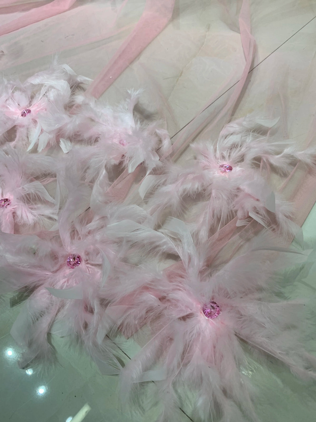 Pink Feather Mesh Maxi Dress