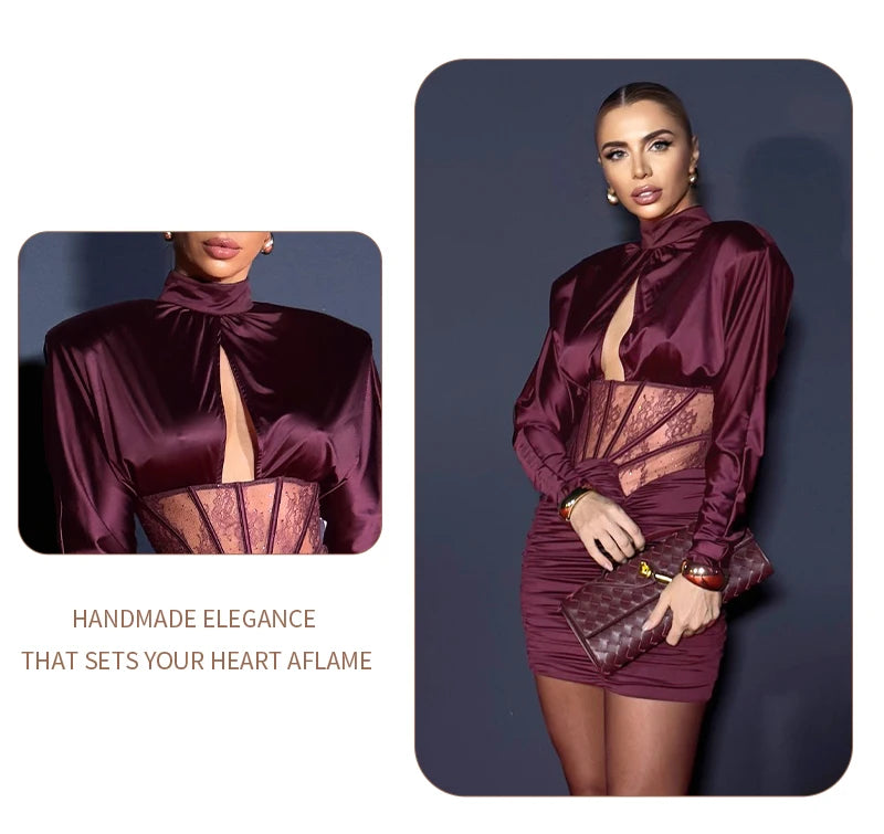 Robe Corset Froncée en Satin Bordeaux