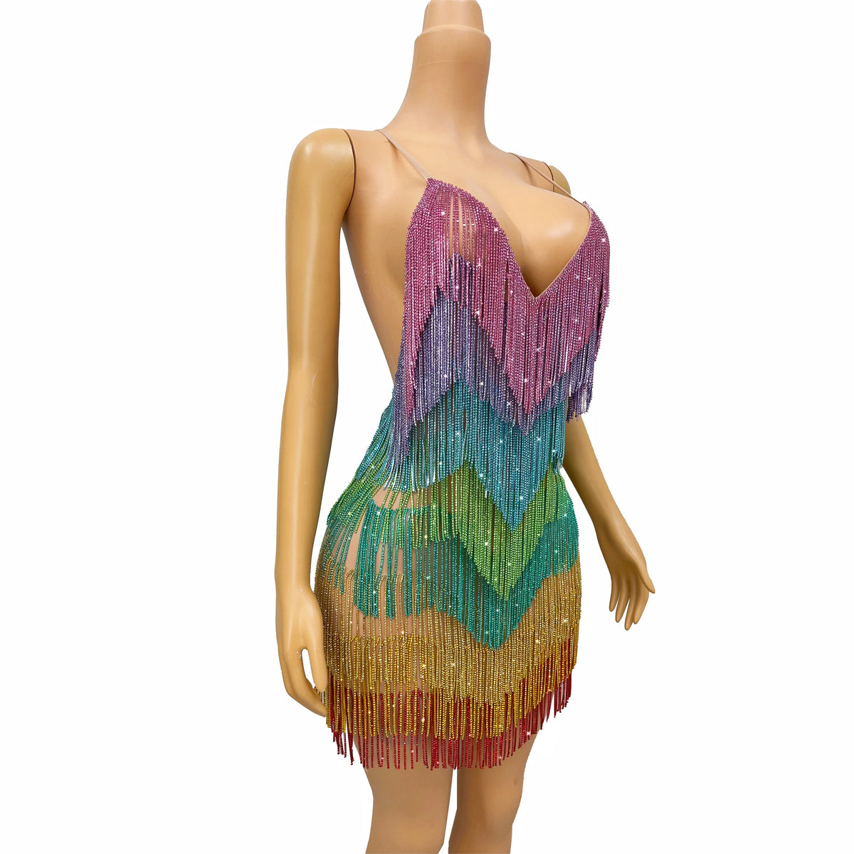 Blingbling Rainbow Tassel Fringe Mini Dress