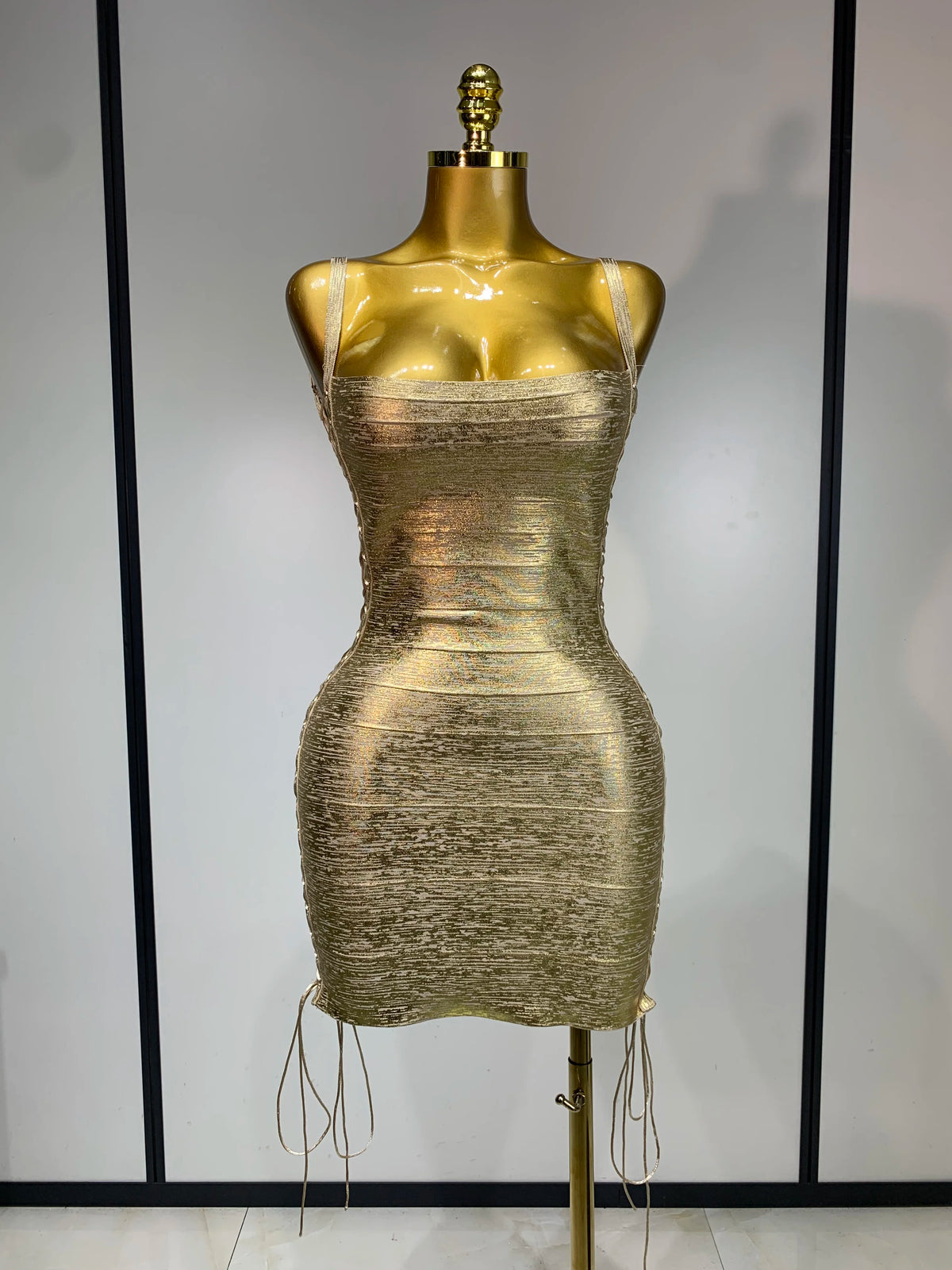 Metallic Side Lace Up Bandage Mini Dress