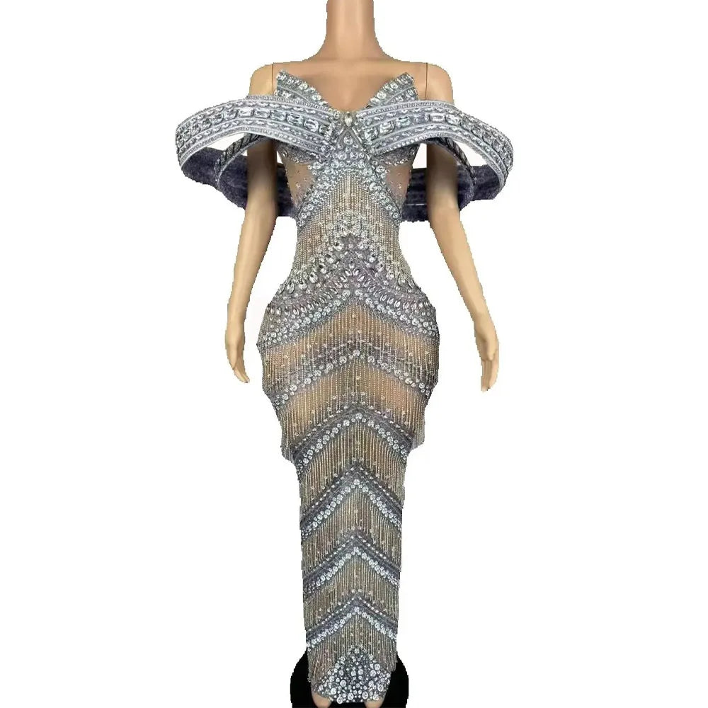 Grandiose Rhinestone Mesh Maxi Dress