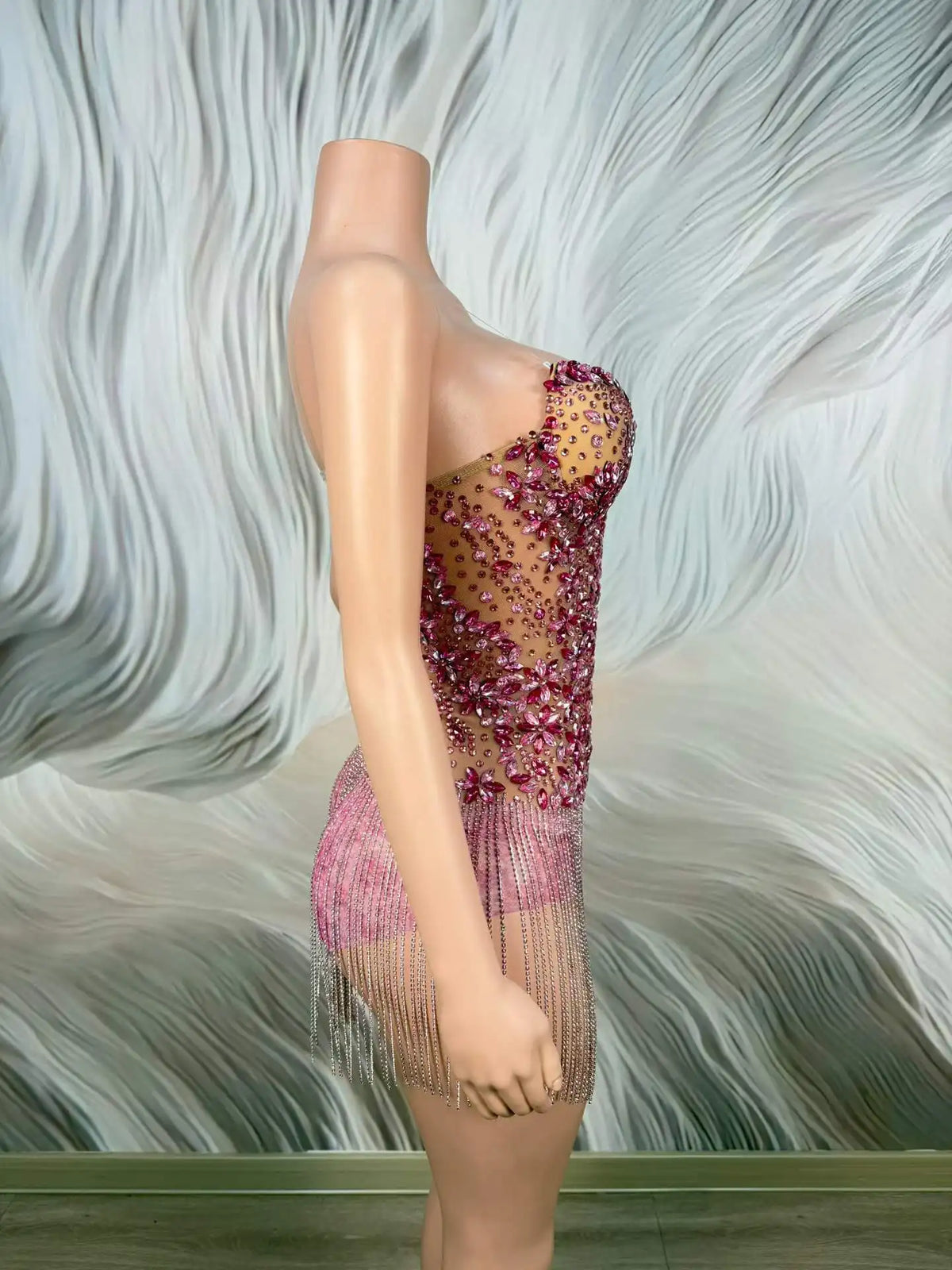 Mini-robe cocktail transparente à franges