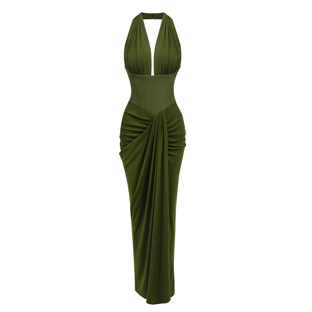 Olive Green Corset Ruched Maxi Dress
