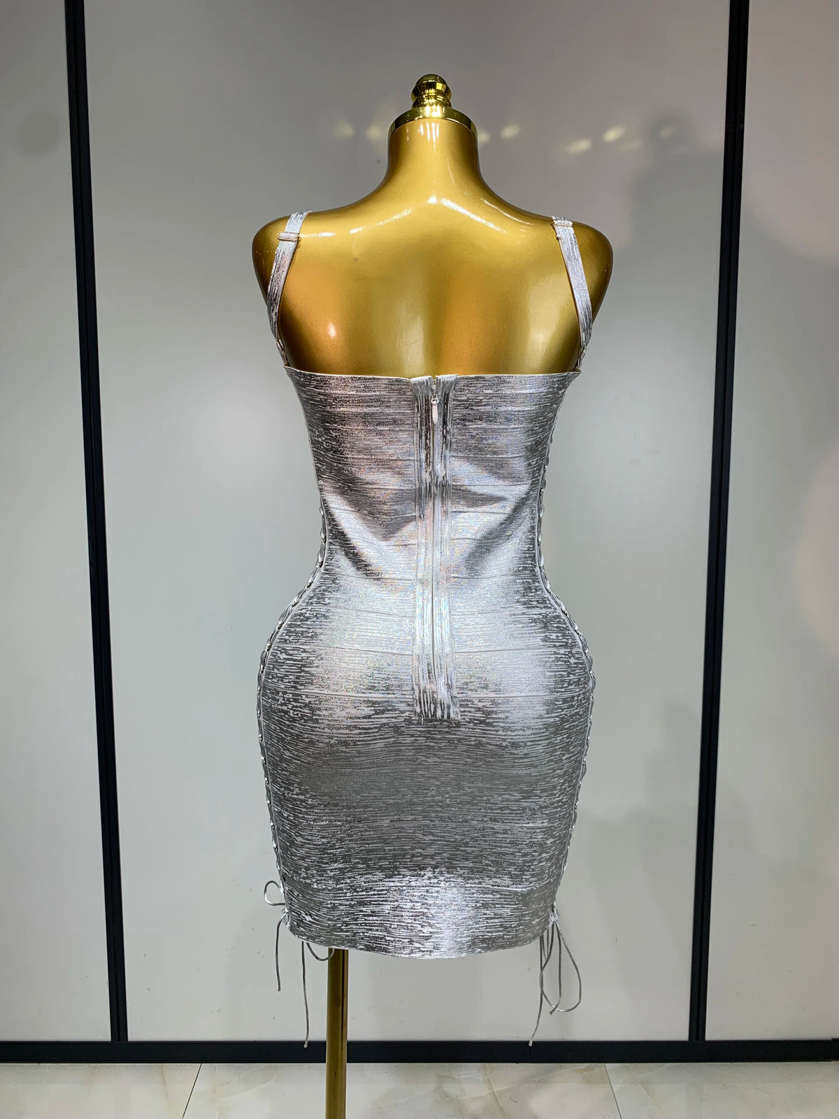 Metallic Side Lace Up Bandage Mini Dress