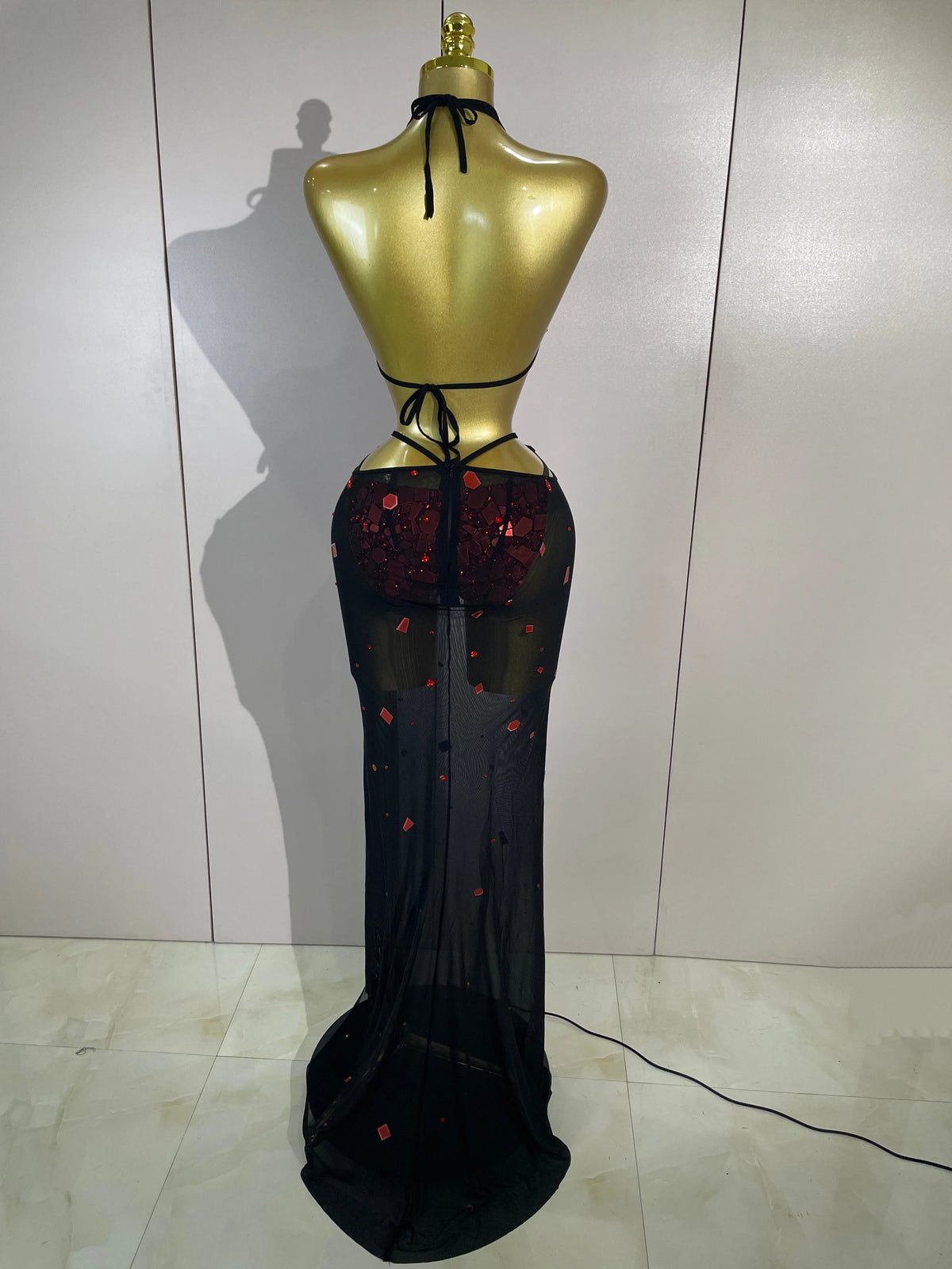 Red Mirror Bikini Mesh Skirt Set