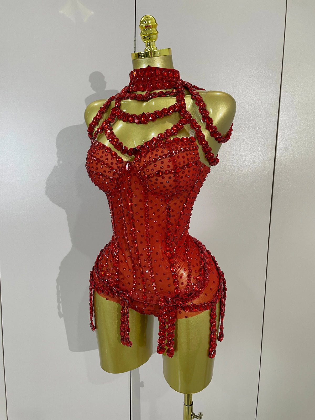 Red Rhinestone Mesh Bodysuit