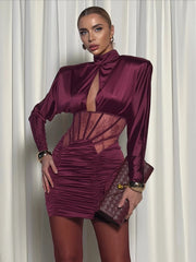 Burgundy Satin Corset Ruched Dress
