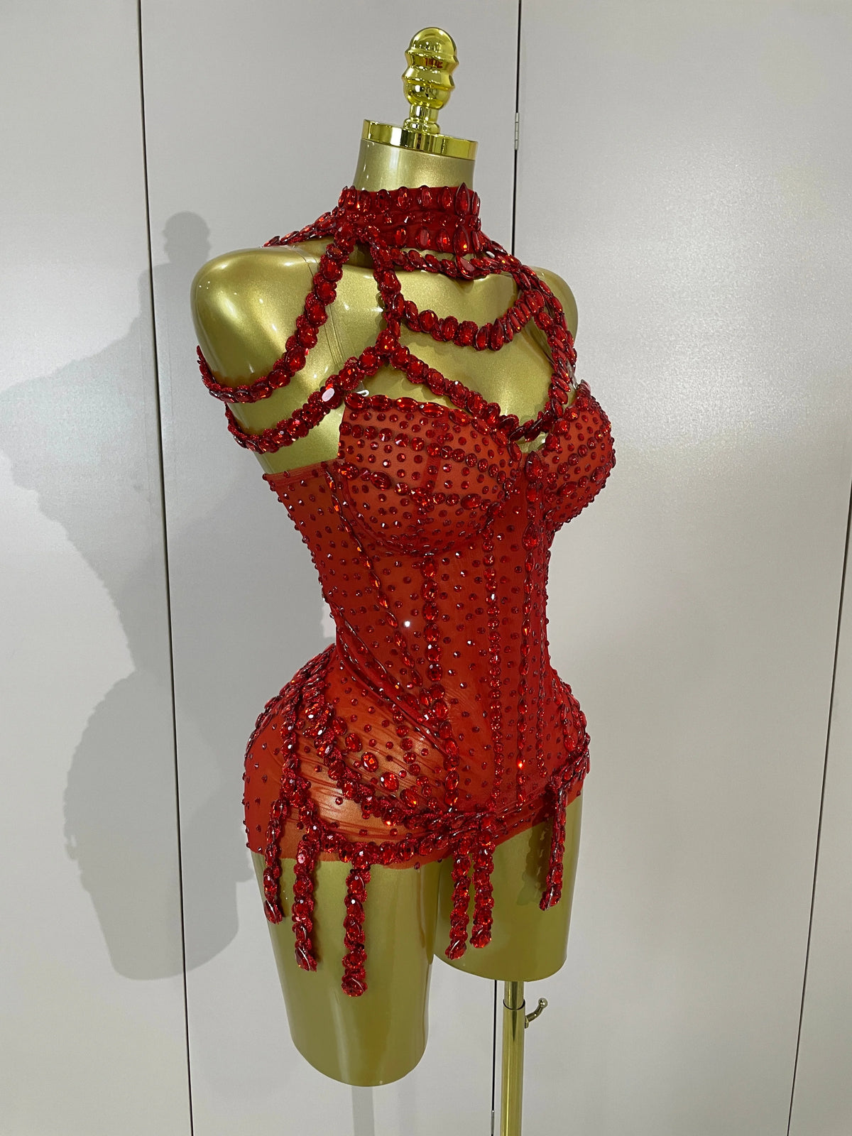 Red Rhinestone Mesh Bodysuit