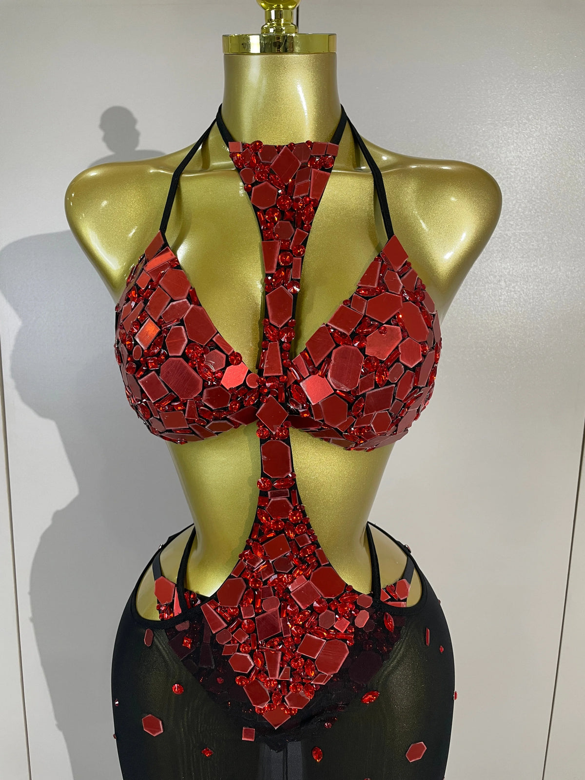Red Mirror Bikini Mesh Skirt Set