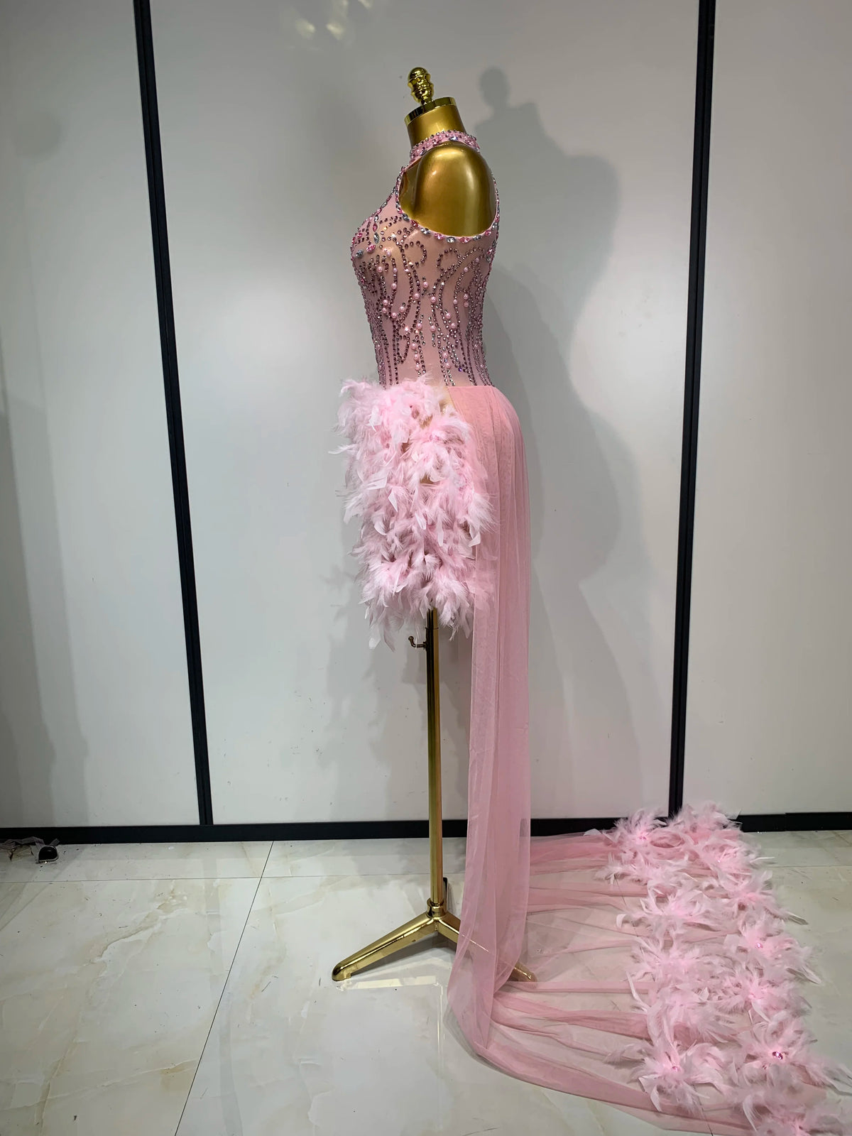 Pink Feather Mesh Maxi Dress