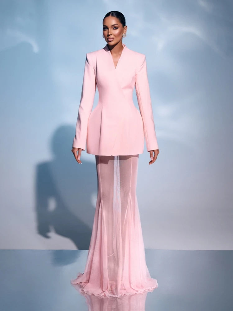 Pink Satin Blazer Mesh Skirt Set