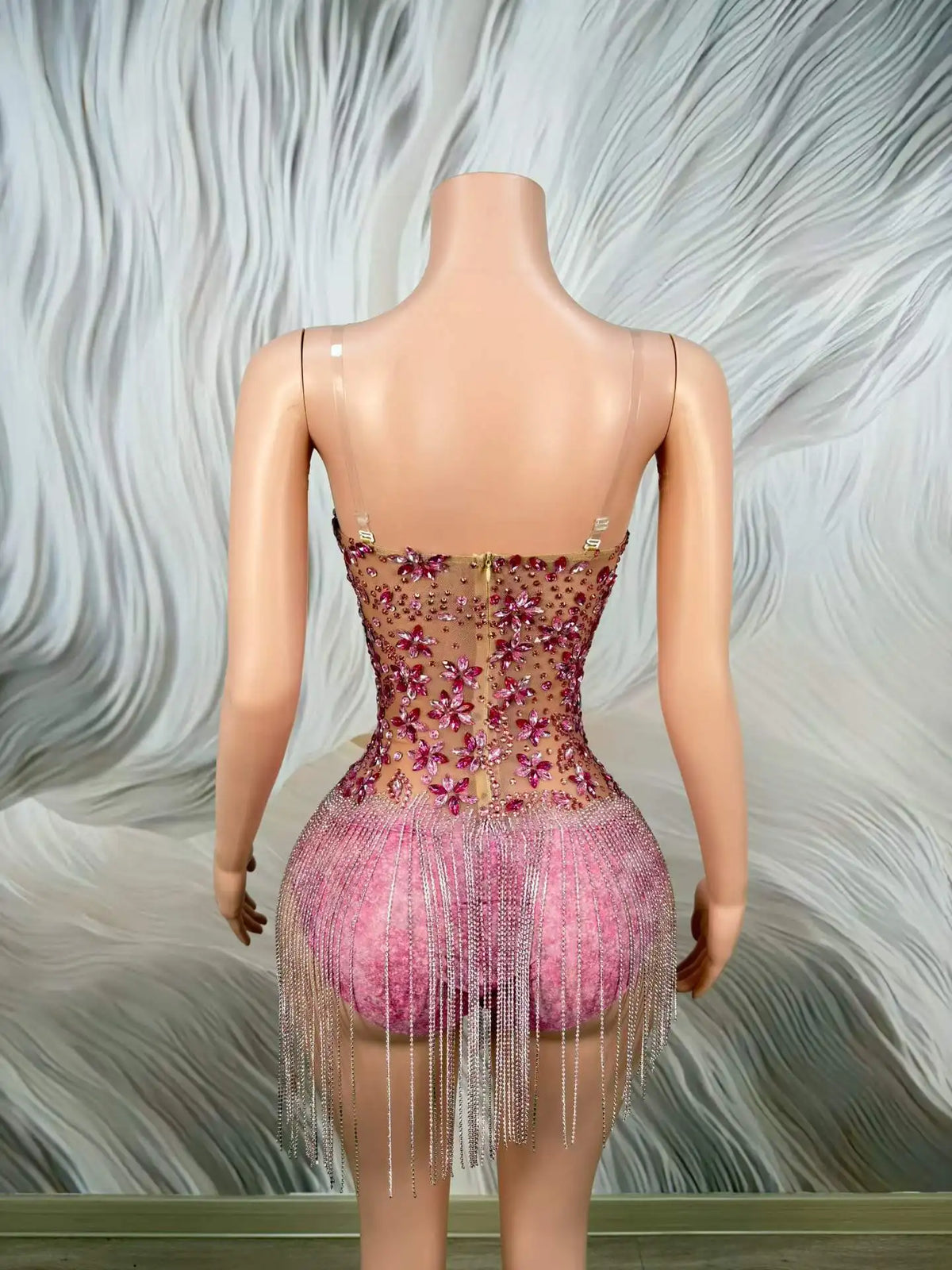 Mini-robe cocktail transparente à franges