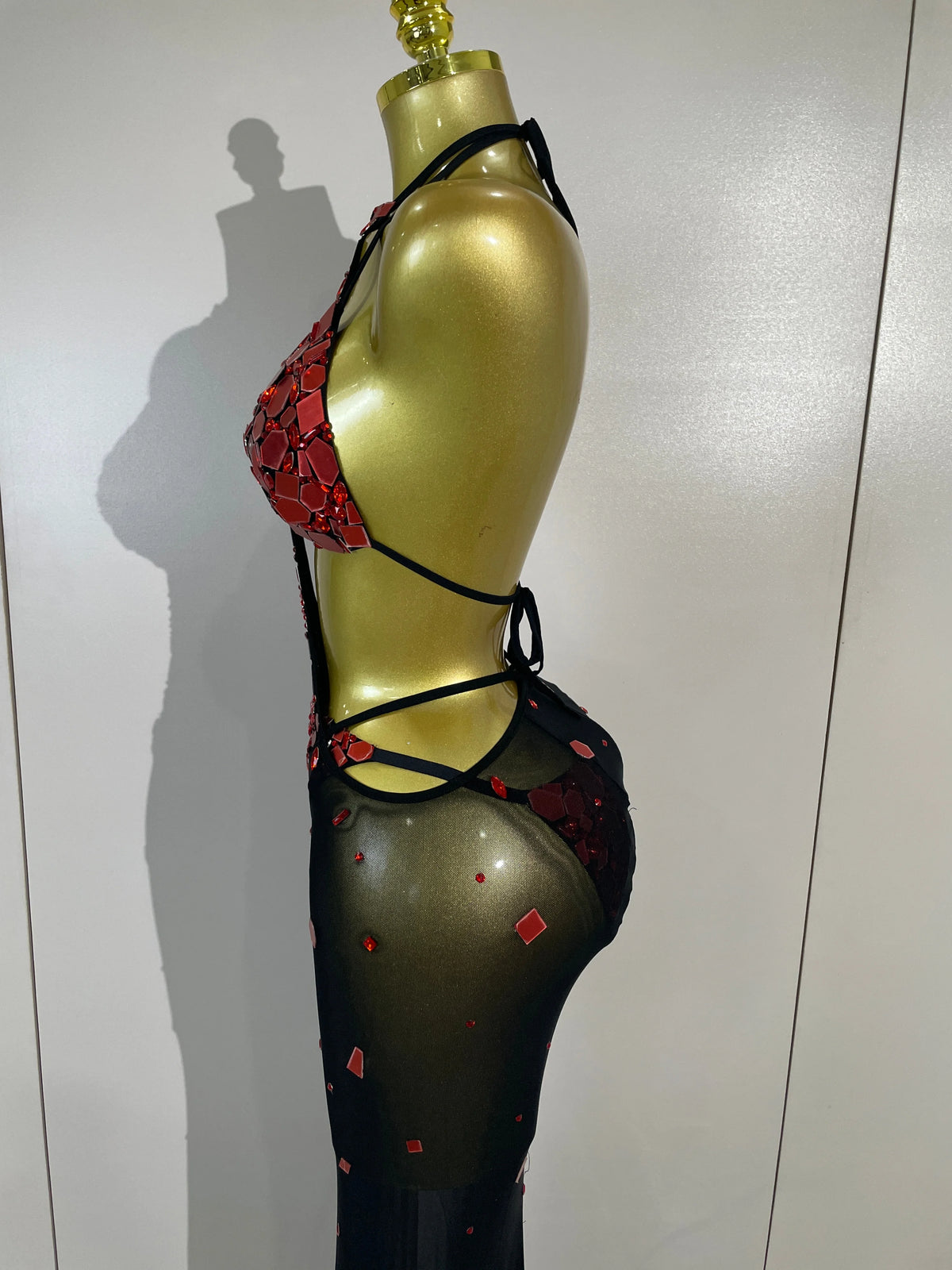 Red Mirror Bikini Mesh Skirt Set