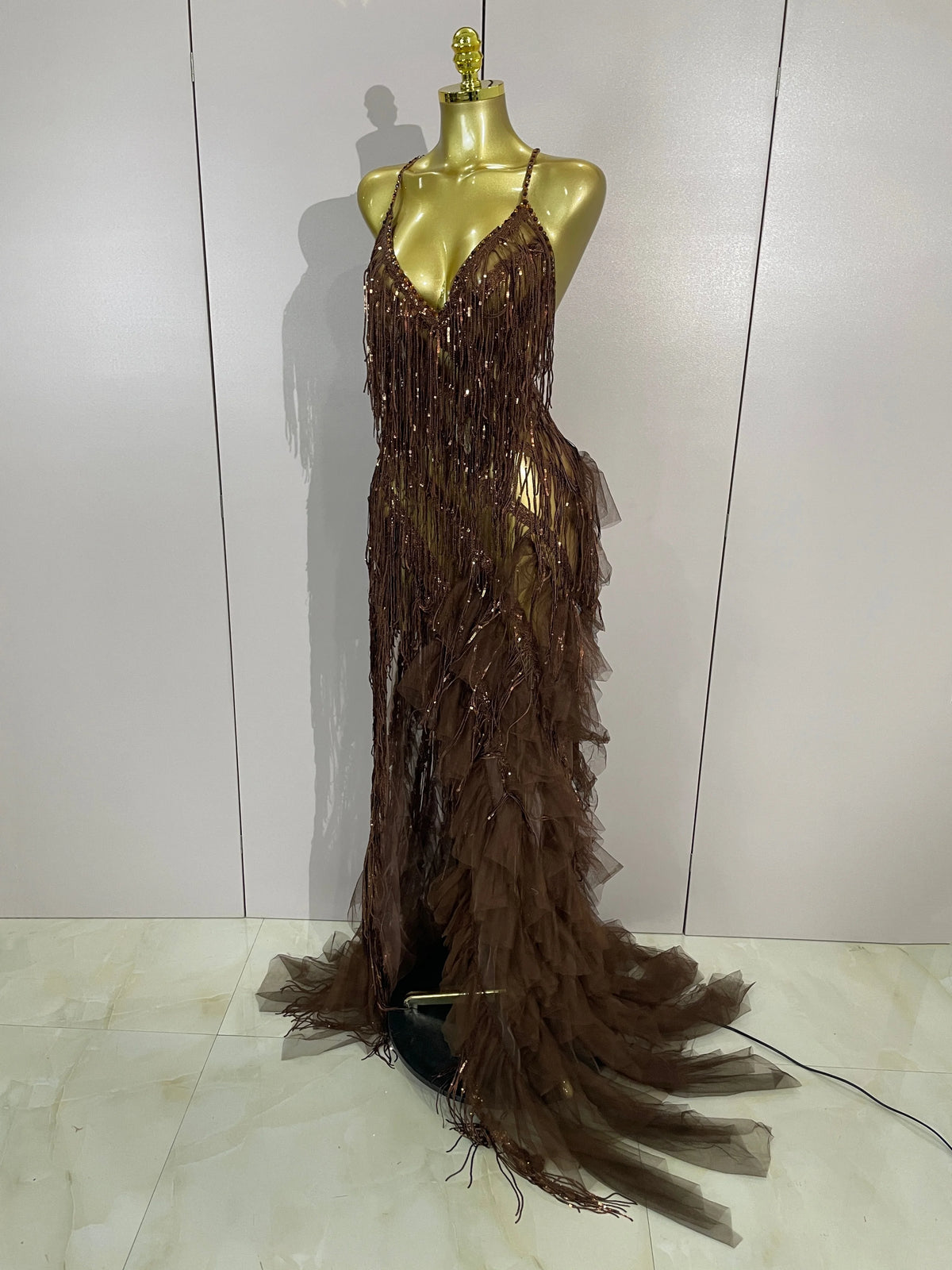 Alisa Rhinestone Tassel Sheer Maxi Dress