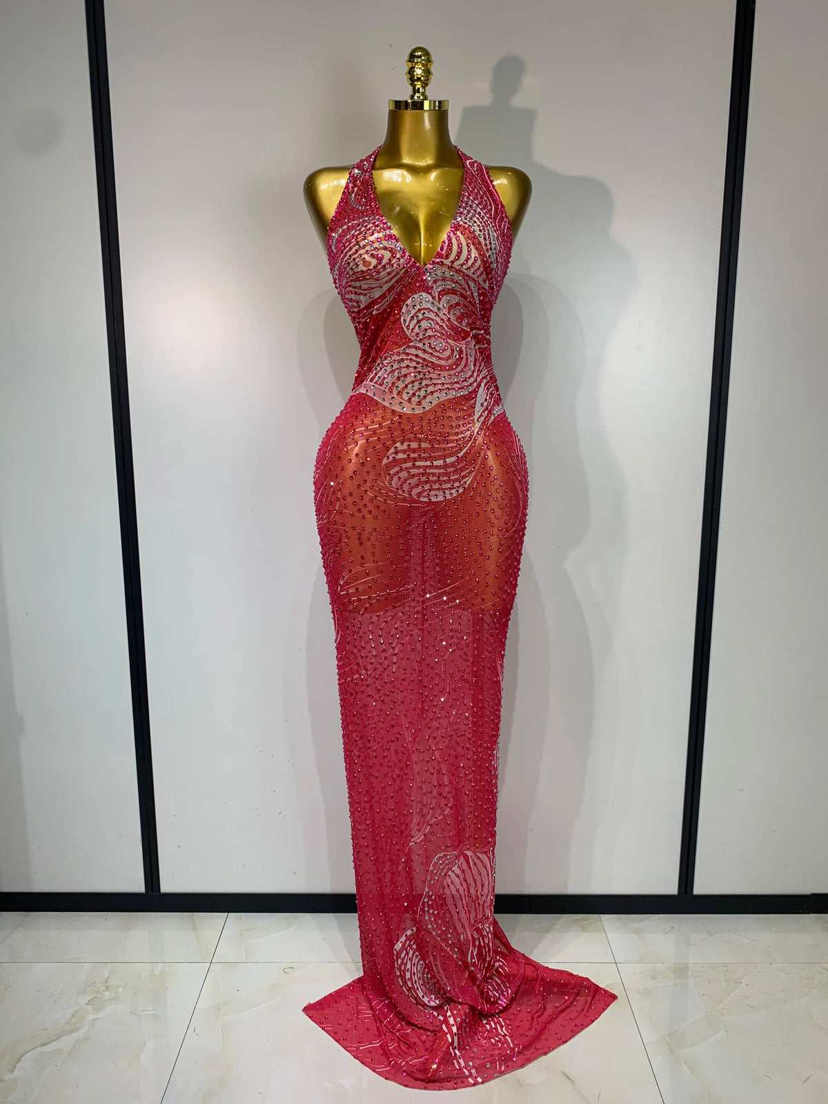 Luxe Rhinestone Mesh Maxi Dress- Peach Pink
