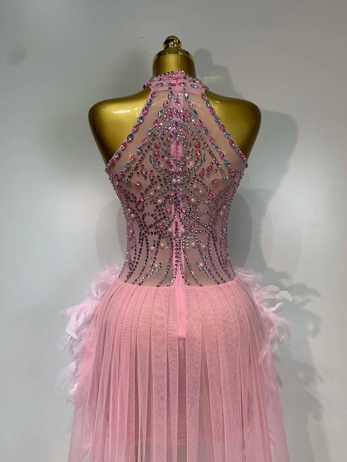 Pink Feather Mesh Maxi Dress