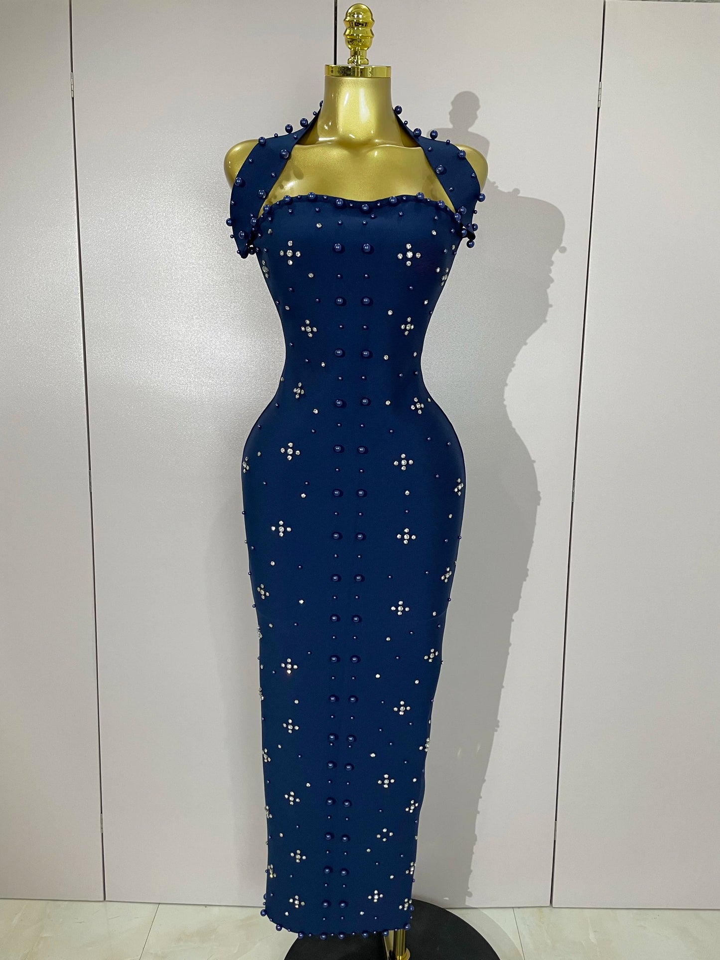 Rhinestone Pearl Bandage Midi Dress