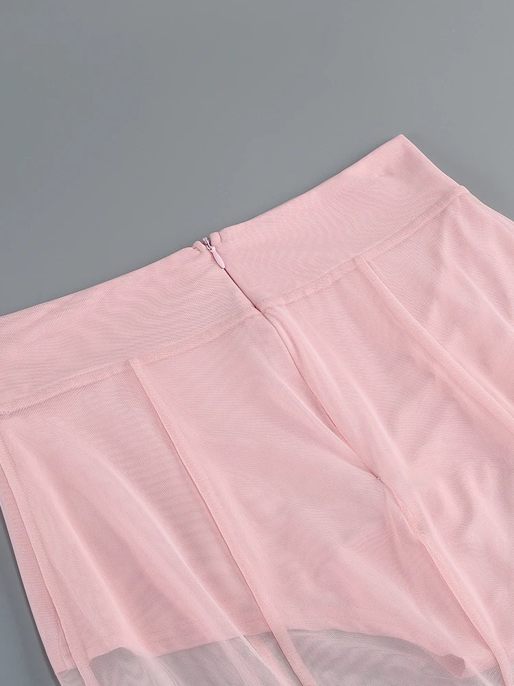 Pink Satin Blazer Mesh Skirt Set