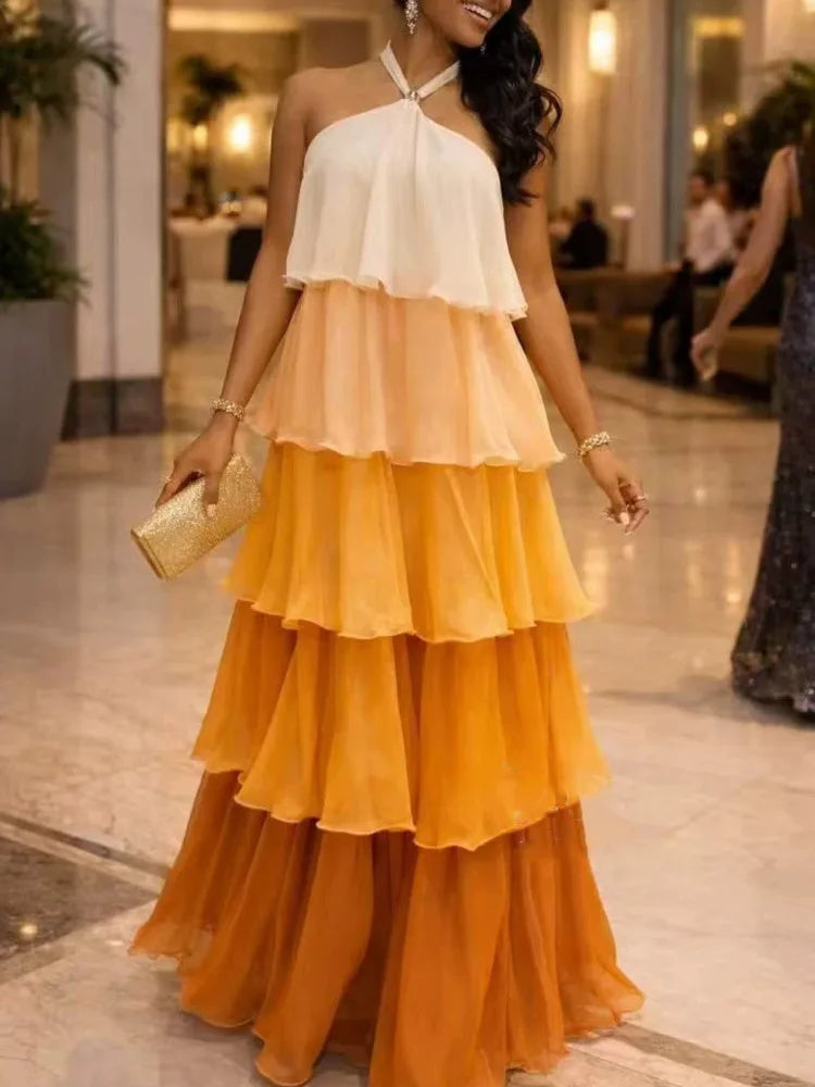 Robe longue étagée en mousseline dégradée