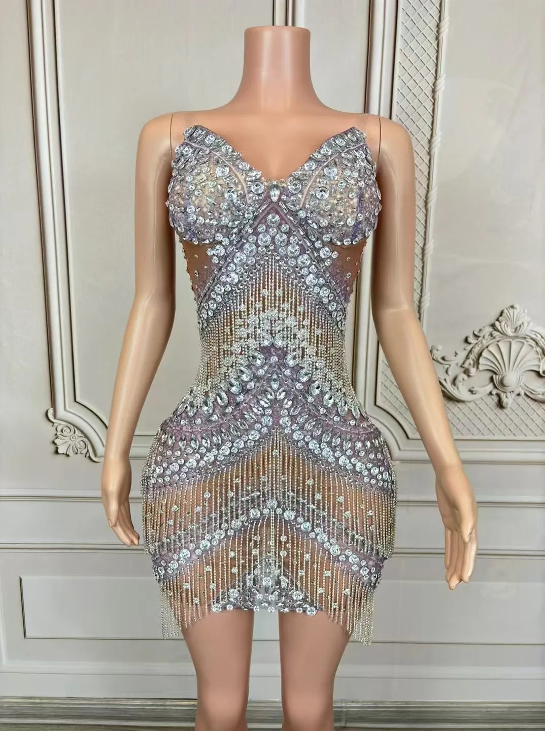Grandiose Rhinestone Mesh Mini Dress
