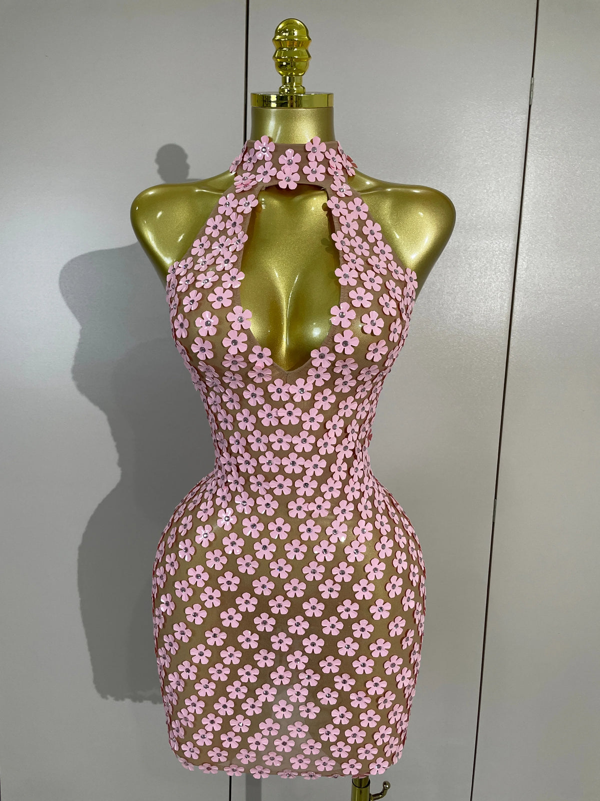 Pink Flower Sequin Mesh Dress