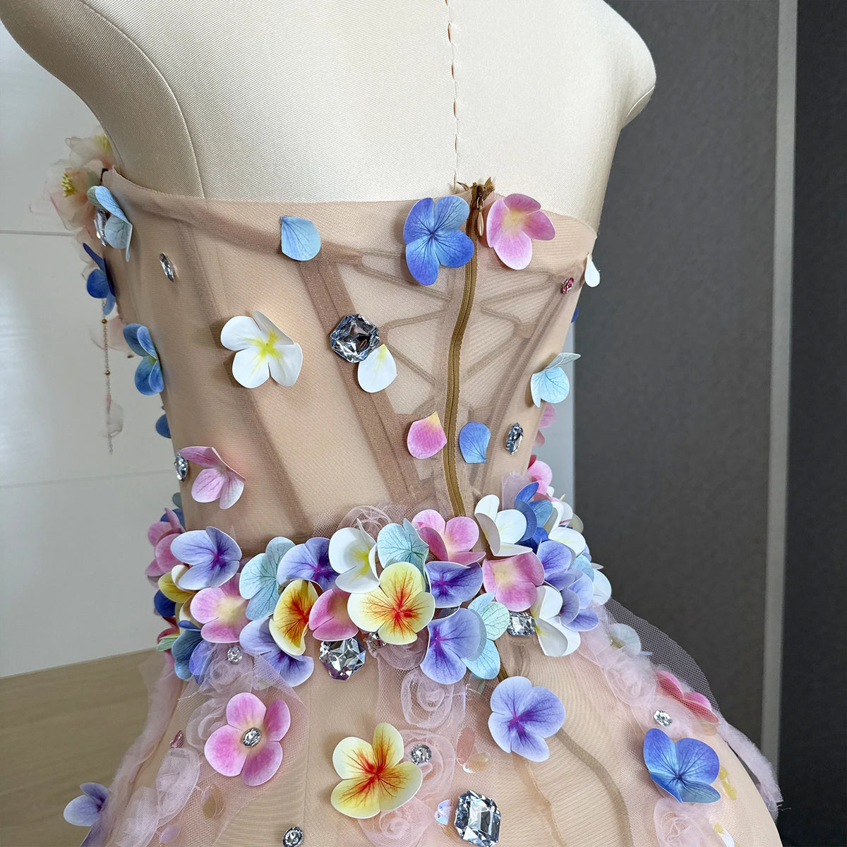 Garden Petal Rhinestone Mesh Dress