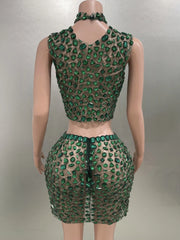 Rhinestone Green Mini Skirt Set