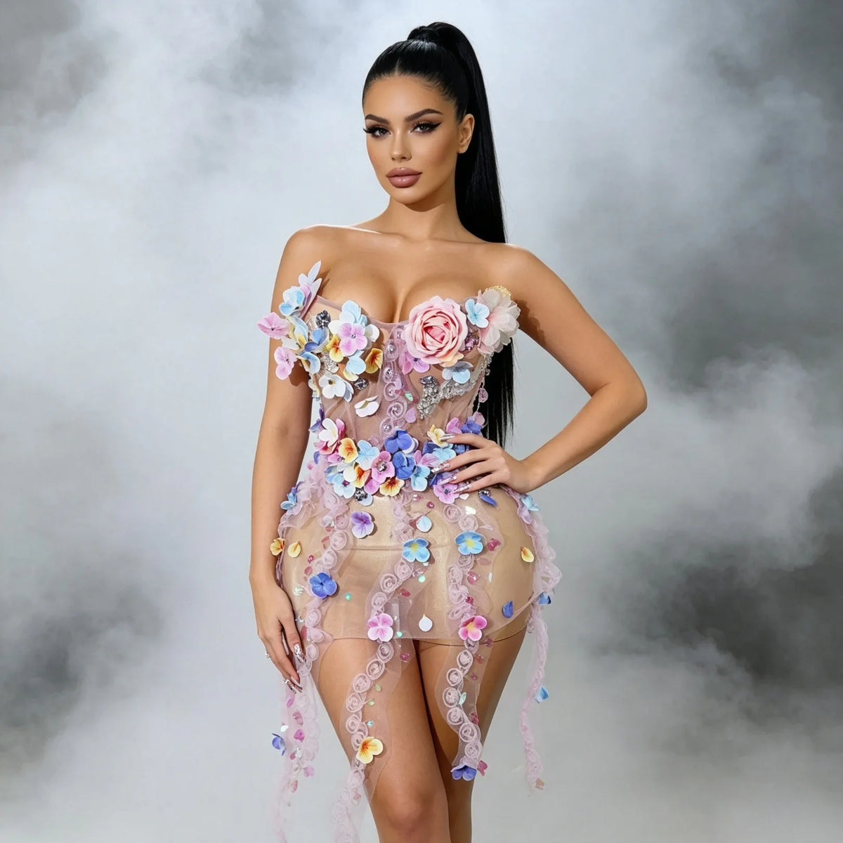 Garden Petal Rhinestone Mesh Dress