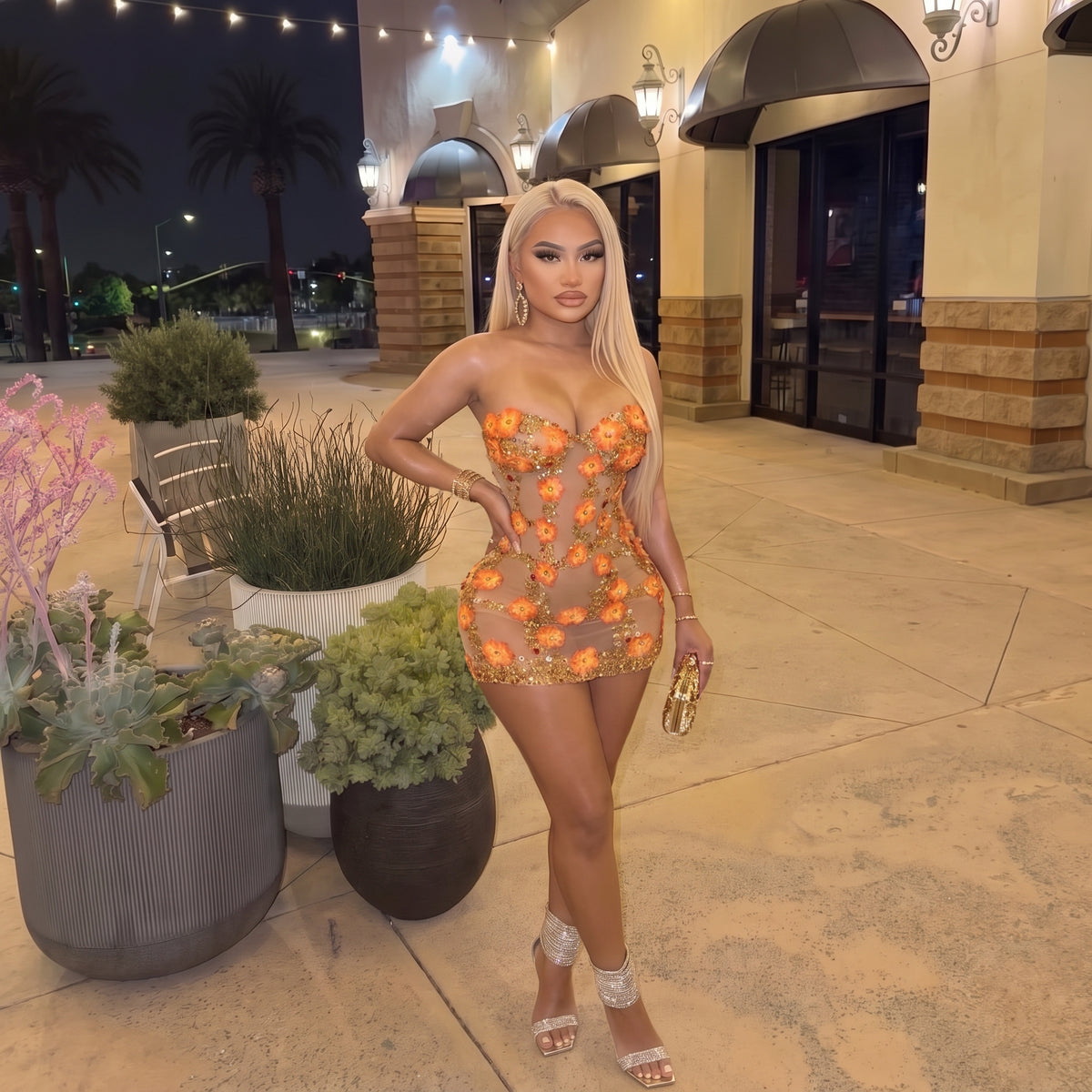Susan Rhinestone Flower Mesh Mini Dress