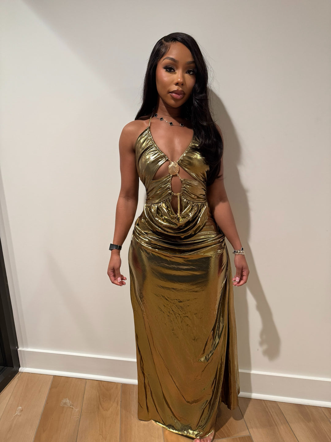 gold ruched dress Metallic Maxi – Fashion Closet Clothing shoulder versions (Gene Gold Bold Beach Wedding Dress prom dress pattern Style:Dress + Bolero