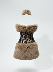 Plush Fur Leopard Mini Skirt Set