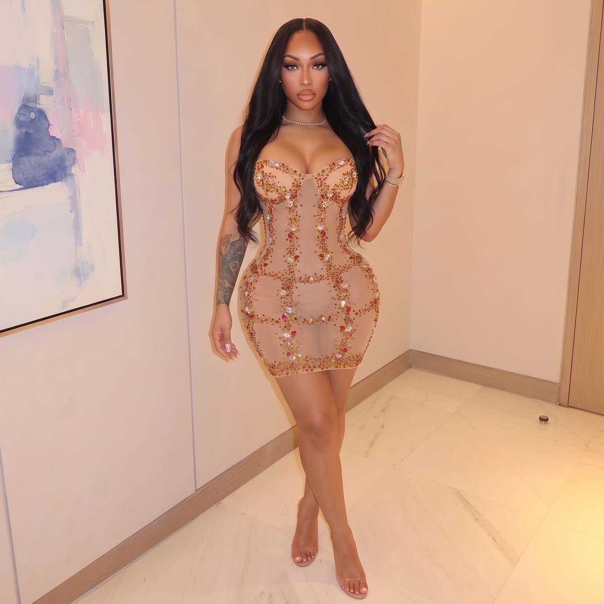 Jazzy Rhinestone Mesh Mini Dress