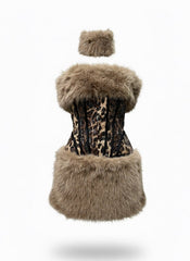 Plush Fur Leopard Mini Skirt Set