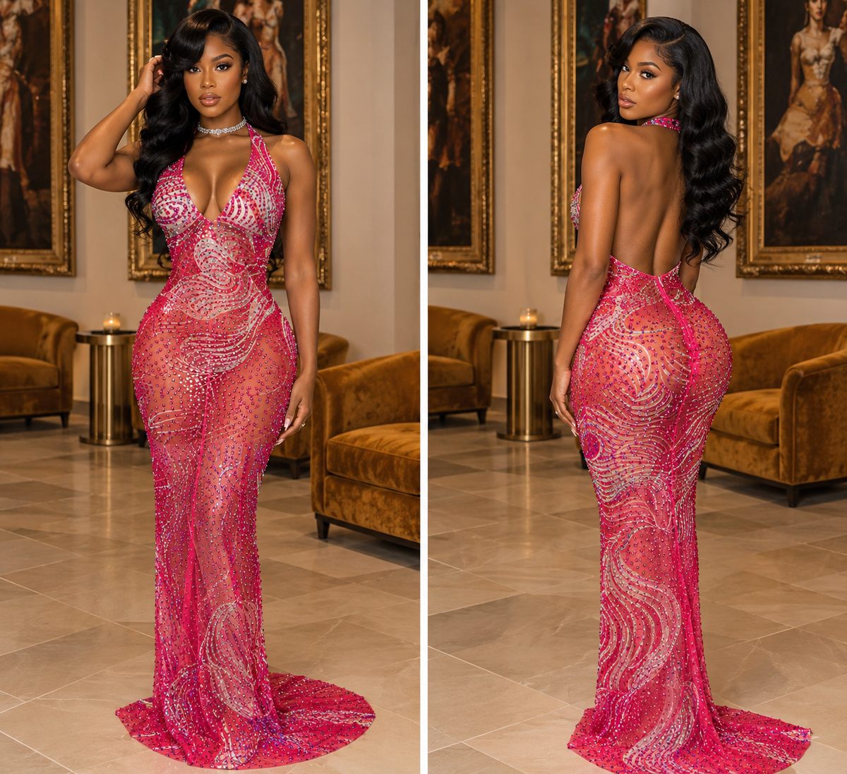 Luxe Rhinestone Mesh Maxi Dress- Peach Pink