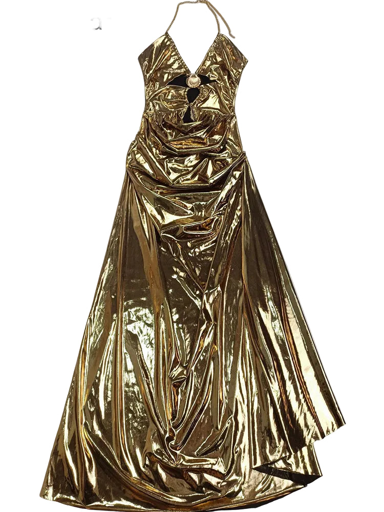 Robe longue drapée métallisée or
