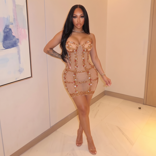Jazzy Rhinestone Mesh Mini Dress