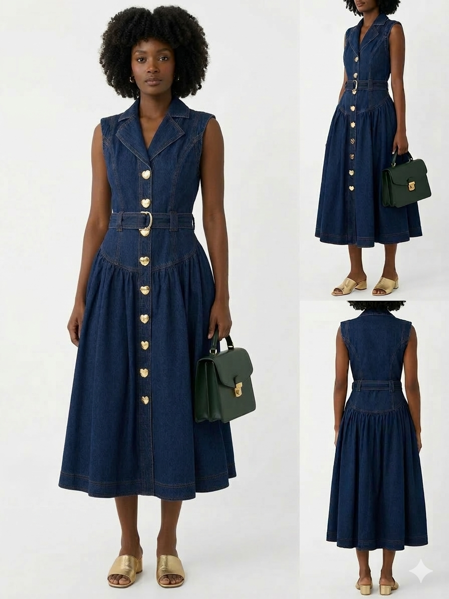 Robe longue en jean ceinturée