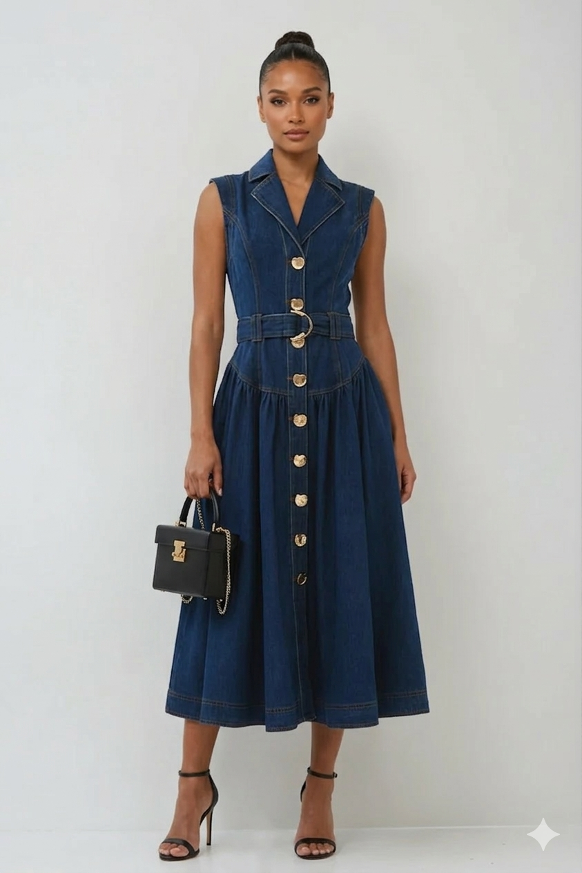 Robe longue en jean ceinturée