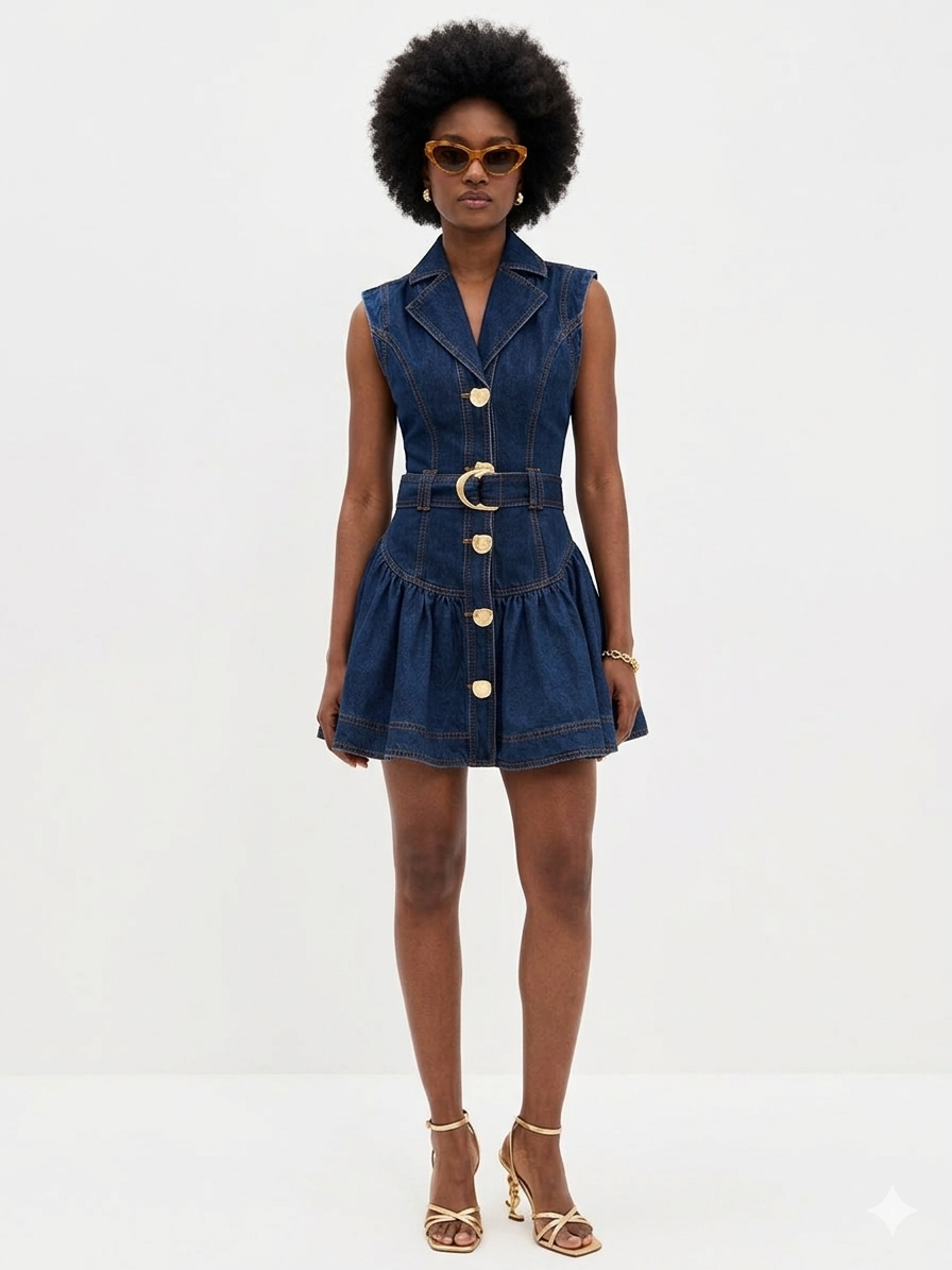 Mini-robe rétro en jean ceinturée