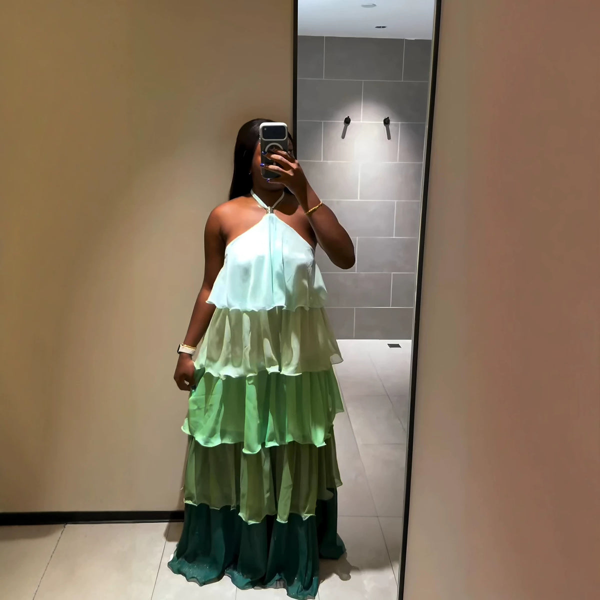 Robe longue étagée en mousseline dégradée