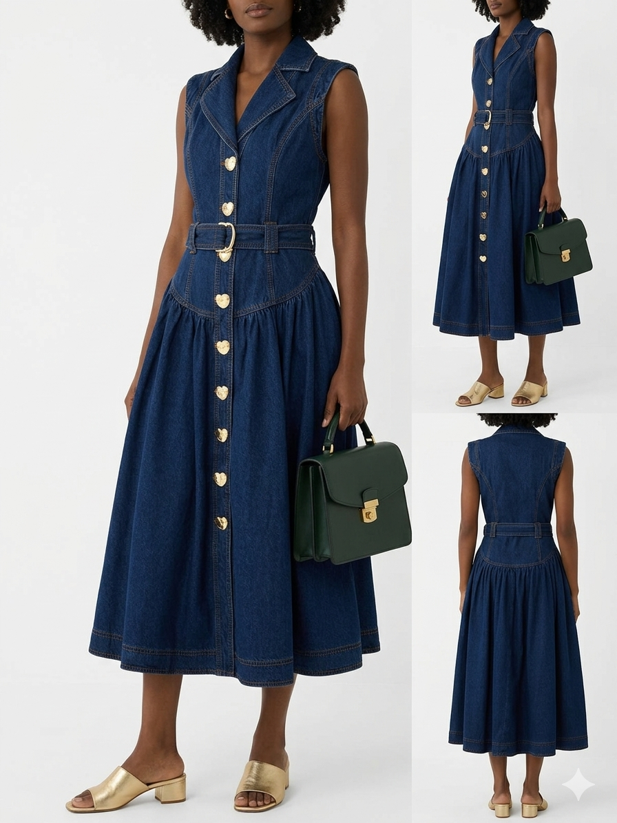 Robe longue en jean ceinturée
