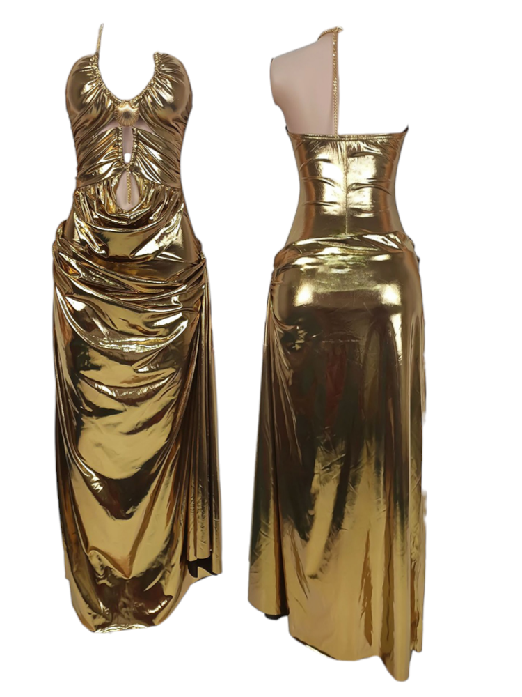 Robe longue drapée métallisée or
