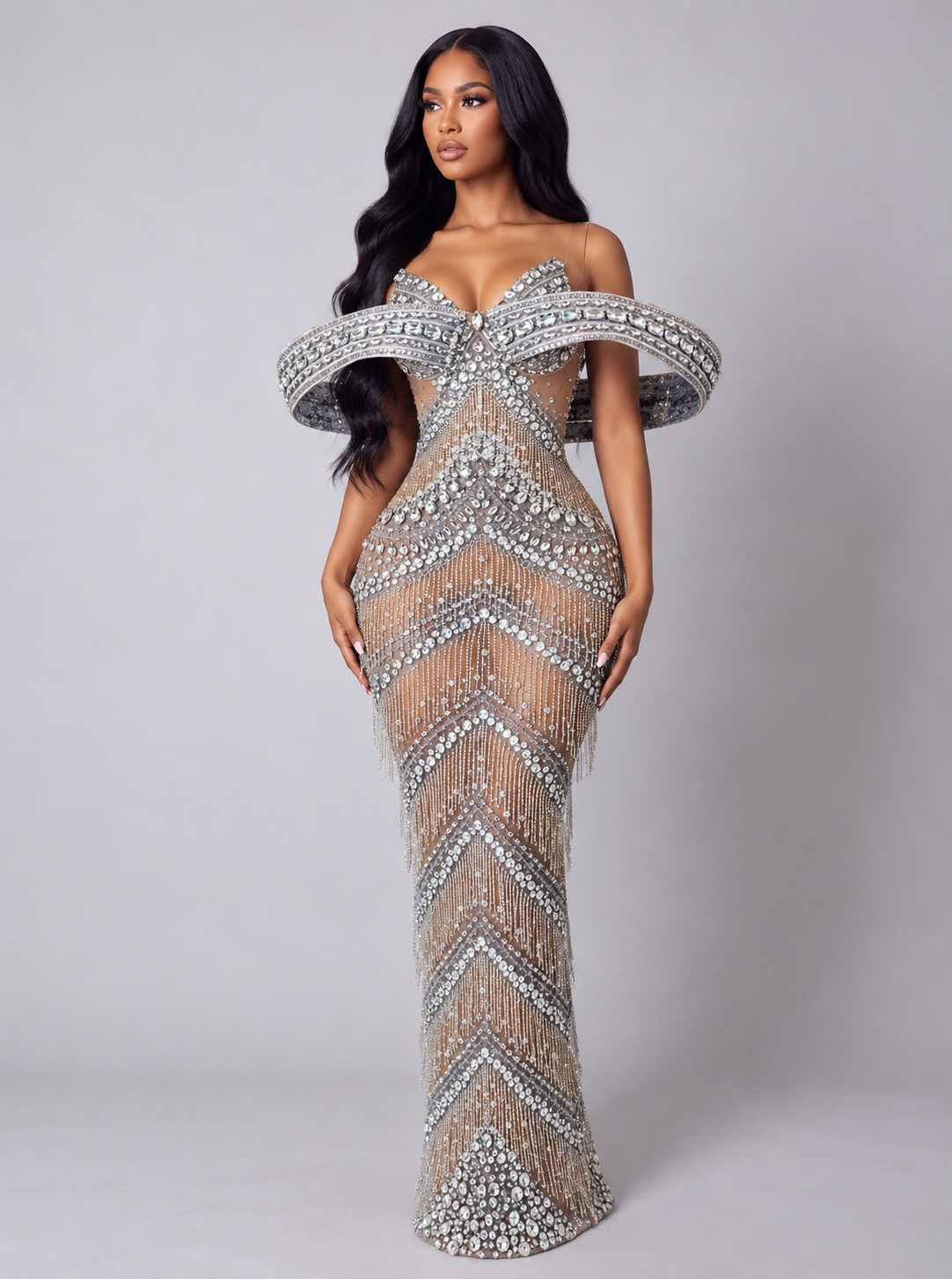 Grandiose Rhinestone Mesh Maxi Dress