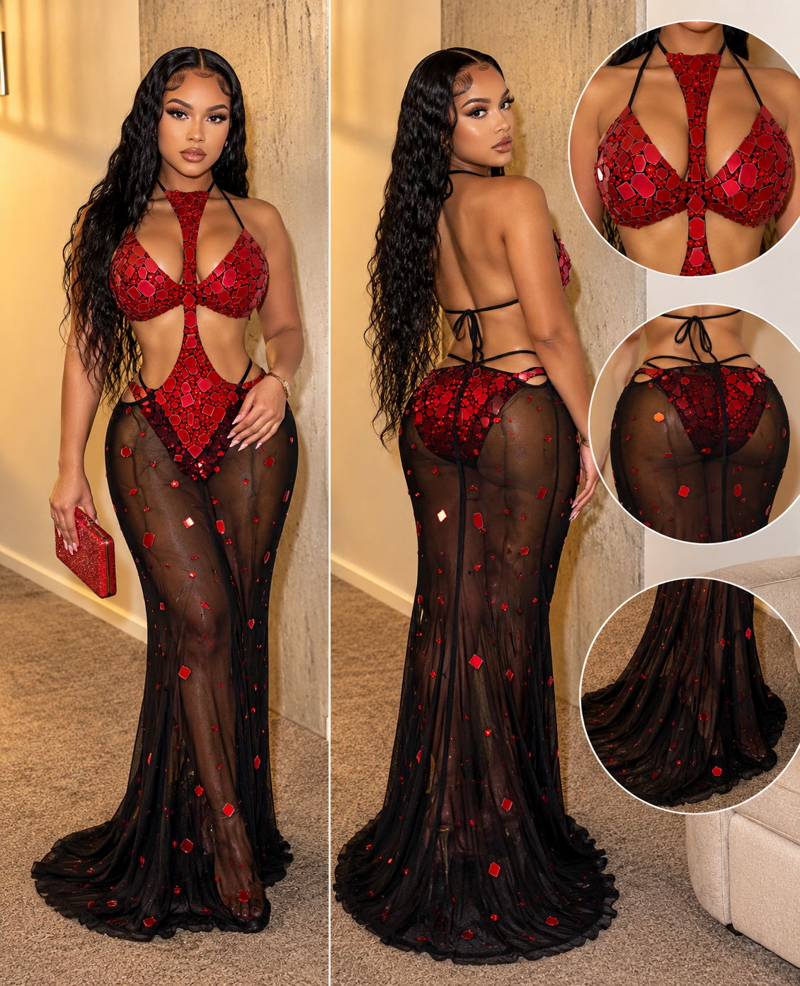 Red Mirror Bikini Mesh Skirt Set