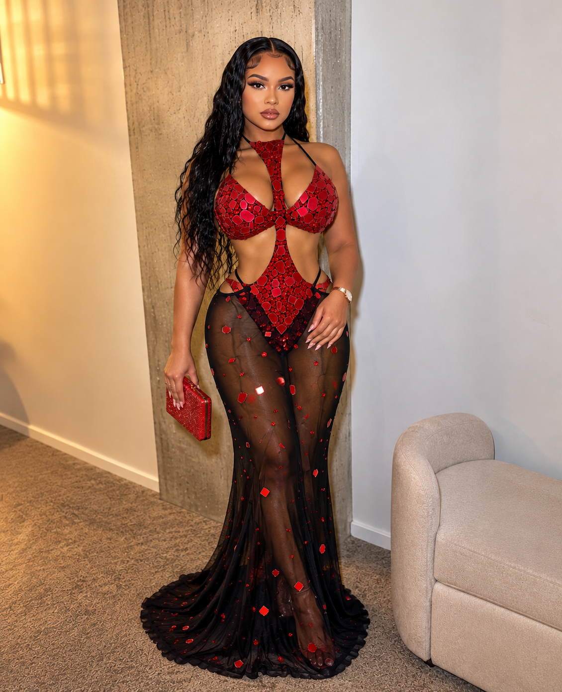 Red Mirror Bikini Mesh Skirt Set