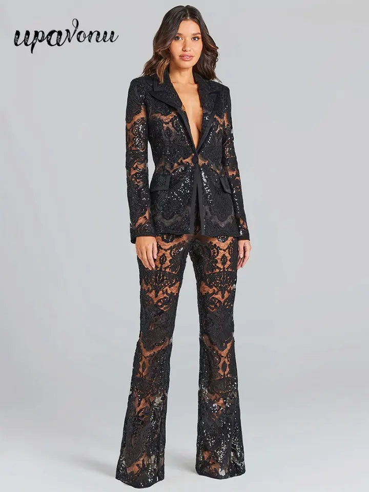 Hillary Lace Sequined Blazer Pants Set